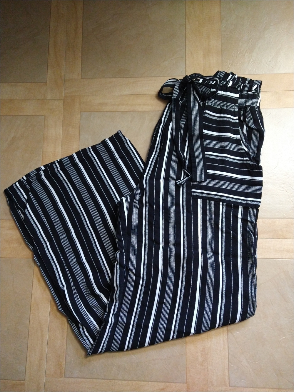 Joe Benbasset Black and White Striped Wide-leg Rayon Pants